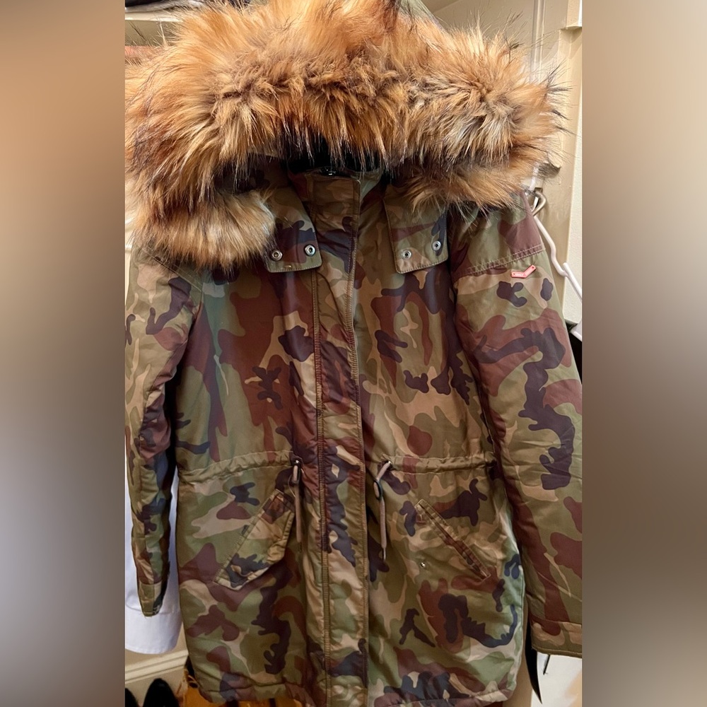 Camo Parka Coat With Quilted Design Inside, Size: Medium!